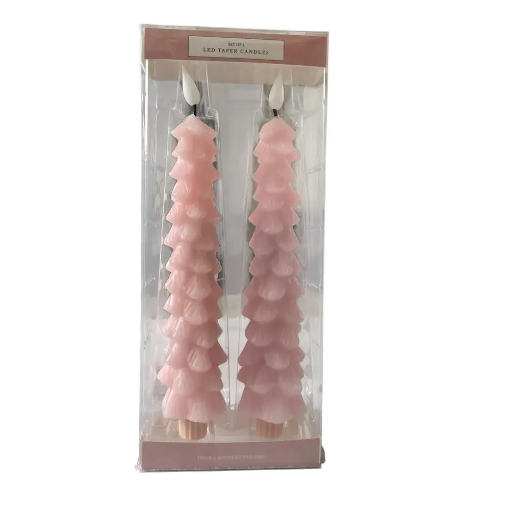 Cupcakes & Cashmere Pink Christmas Tree LED Taper Candles w/ Timer Set of 2 NEW